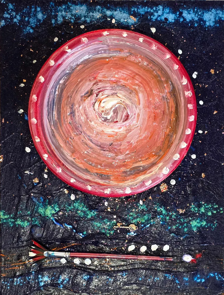 BALANCED SOUL FOOD H8021092026 (2026) by HB Barry Strasbourg-Thompson. 22k gold leaf, German gold leaf, acrylic medium, powdered artist grade pigments, paper plate, ,acrylic on wood panel.s.