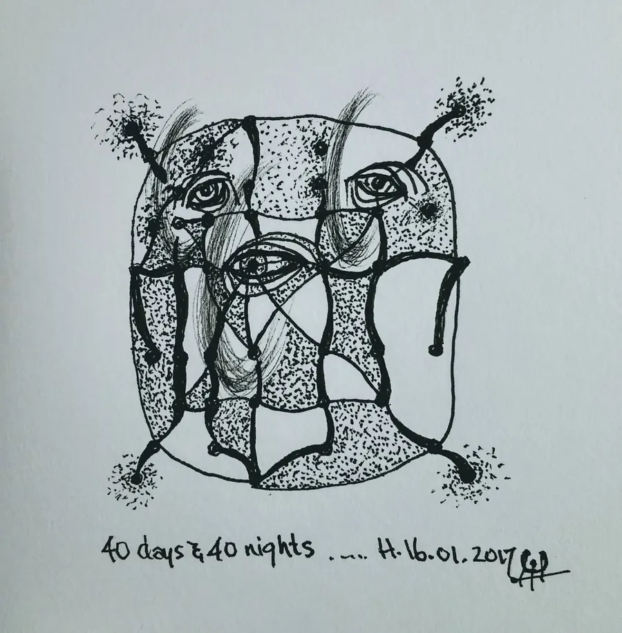 40 days & 40 nights (2017) by HB Barry Strasbourg-Thompson. Pigma Ink & Archival pigment pen on H/J A/F paper.