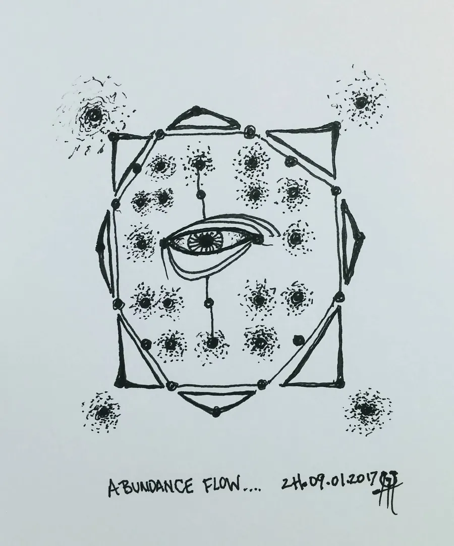 Abundance Flow (2017) by HB Barry Strasbourg-Thompson. Pigma Ink & Archival Acrylic pen on H/J A/F paper.