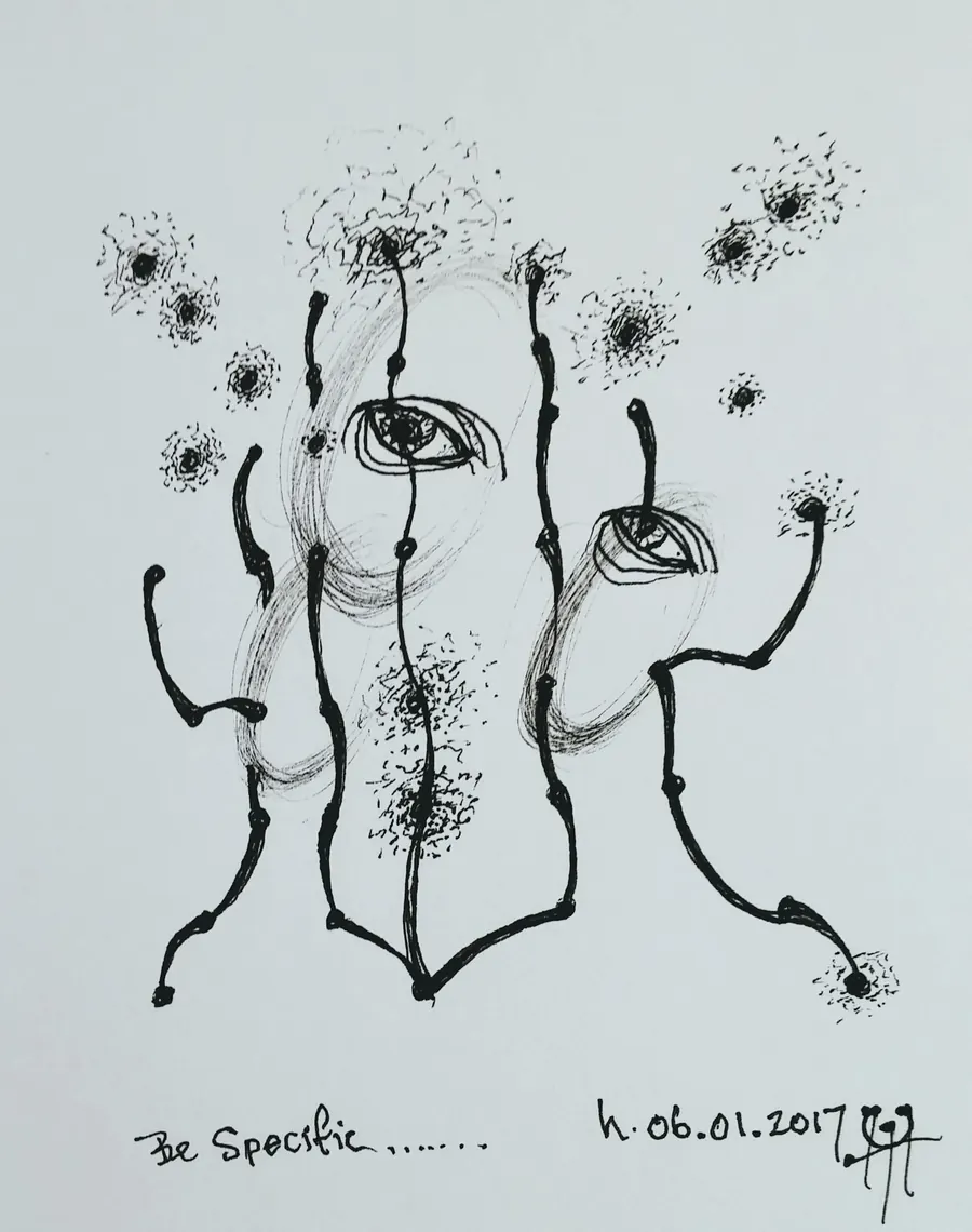 Be Specific (2017) by HB Barry Strasbourg-Thompson. Pigma Ink & Archival pigment pen on H/J A/F paper.