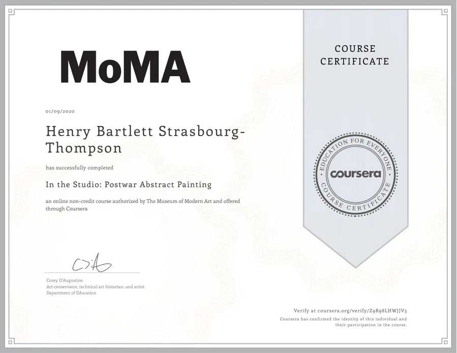 MOMA Certificate ... Postwar Abstract Painting by HB Barry Strasbourg-Thompson. Not For Sale.