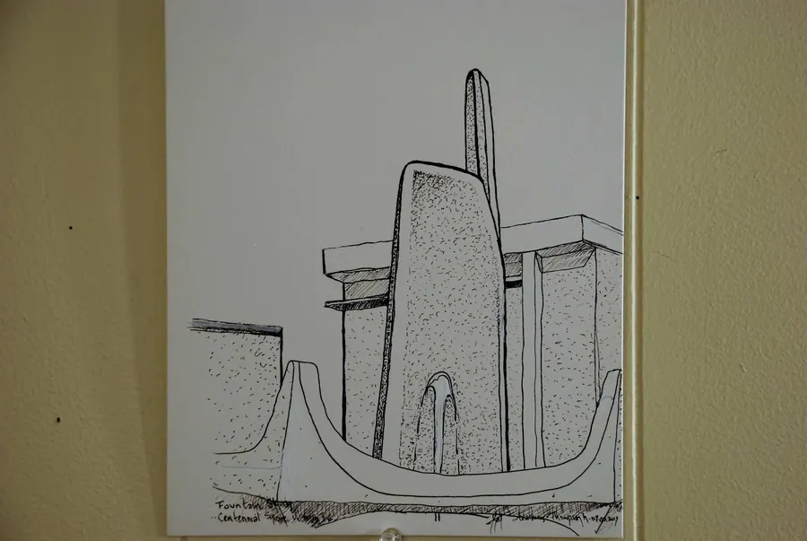 Pen & Ink Confederation Square Fountain Victoria BC (2017) by HB Barry Strasbourg-Thompson. Pen & ink on illustration board.