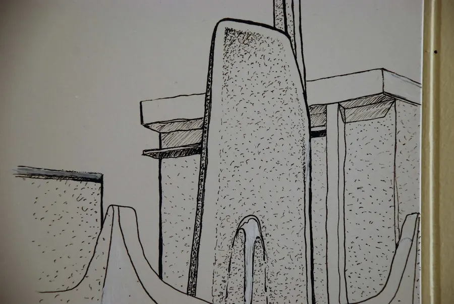 Pen & Ink Confederation Square Fountain Victoria BC (2017) by HB Barry Strasbourg-Thompson. View 3.