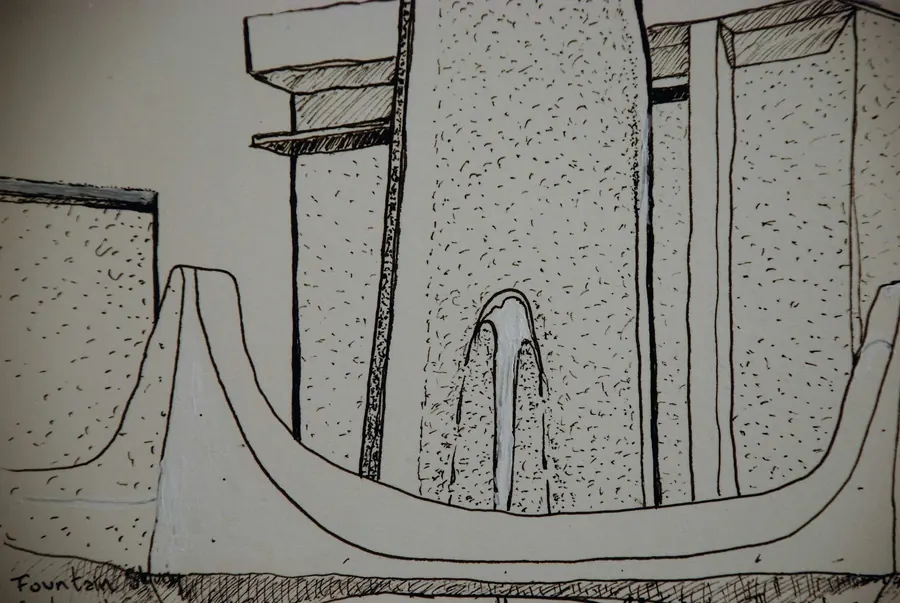 Pen & Ink Confederation Square Fountain Victoria BC (2017) by HB Barry Strasbourg-Thompson. View 2.