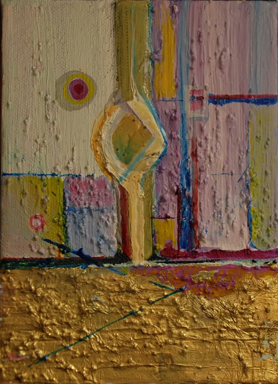 On Mindfulness (2016) by HB Barry Strasbourg-Thompson. Acrylic & gold leaf & sand on Canvas.