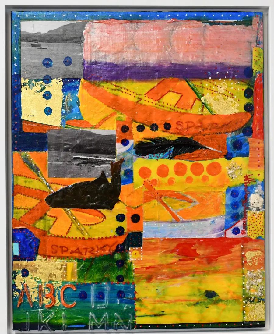 Memories of Sparky (c. 2019) by HB Barry Strasbourg-Thompson. Acrylic, acrylic skins, crow feather, beach sand shells, laser copies, ink, 22k gold leaf & canvas.