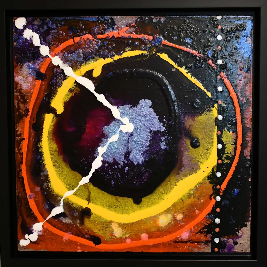 NO TIME H75050921 (2021) by HB Barry Strasbourg-Thompson. Acrylic & powdered irredescent pigment on wooden panel.