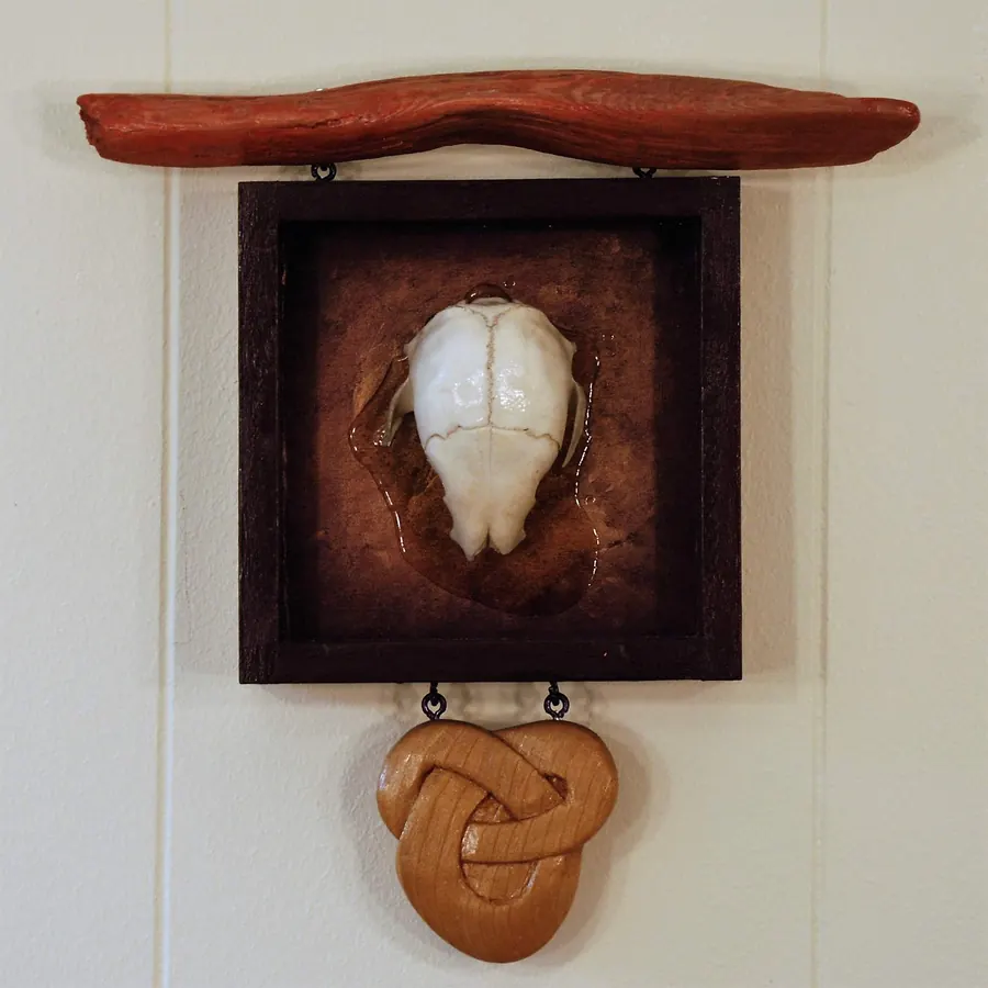 Mindful by HB Barry Strasbourg-Thompson. Acrylic, Skull, Cedar, Driftwood, metal screw eyes on wood.