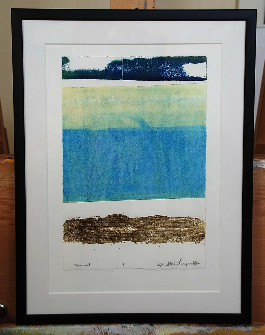 Monoprint mixed media (2016) by HB Barry Strasbourg-Thompson. Akua inks & gold leaf on 12 x 8 stonehenge.