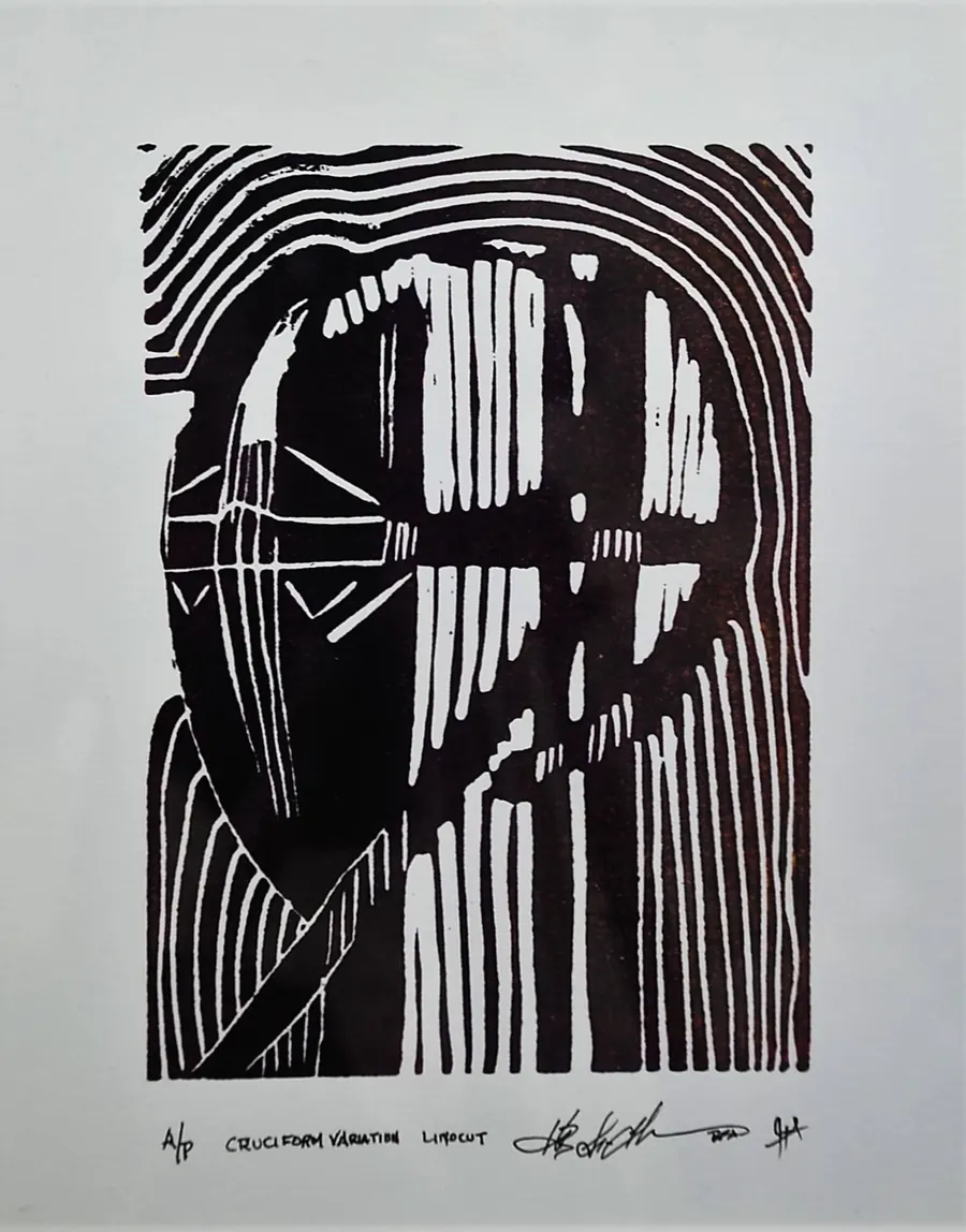 Cruciform Variation a/p (2016) by HB Barry Strasbourg-Thompson. A/P Akua inks Black and Quinacridone Magenta on 14 x 11 Strathmore 400 print paper.