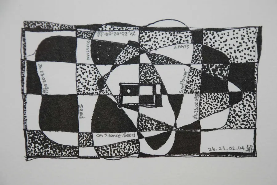 On Silence: Giant Russian Sunflower Seed (2004) by HB Barry Strasbourg-Thompson. Ink on a/f Canson Cardstock.