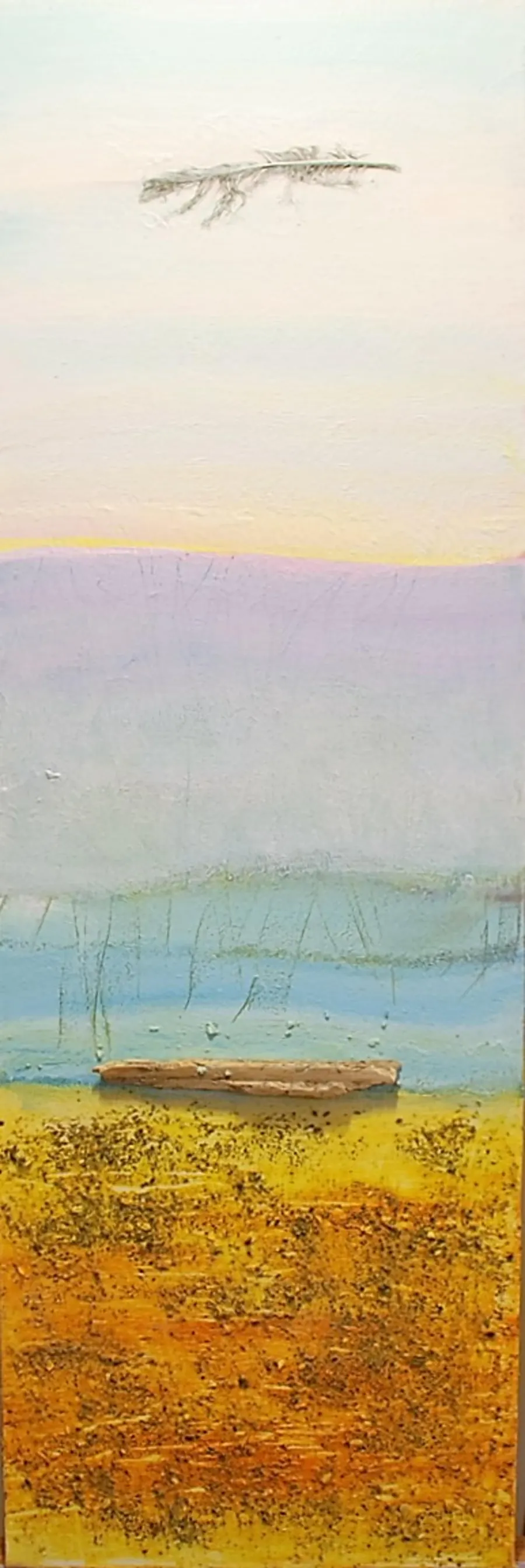 WEST COAST VACATION (2015) by HB Barry Strasbourg-Thompson. Acrylic, found driftwood, found feather, beach sand on Canvas.