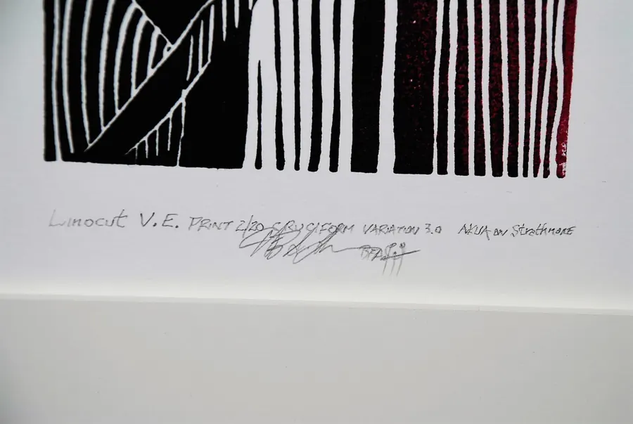 Linocut V.E. print, 2/20, Cruciform Variation 3.0 (2015) by HB Barry Strasbourg-Thompson. View 4.
