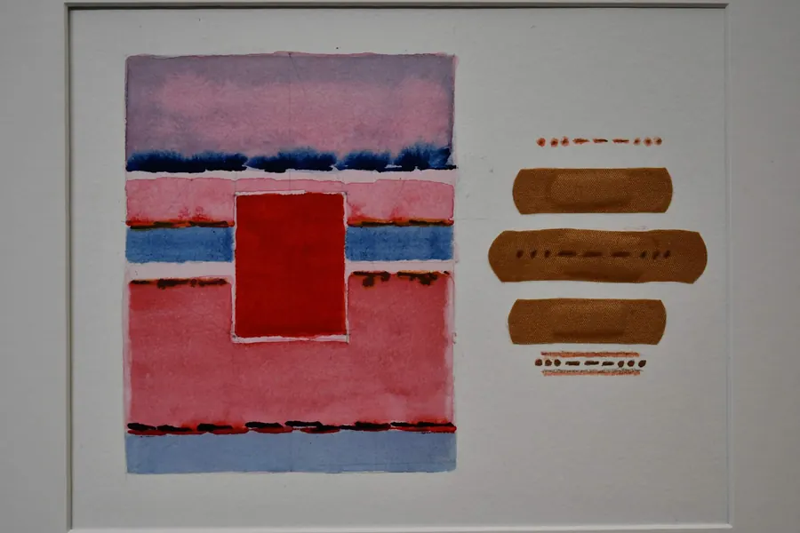 MAYDAY FOR MY CHILDREN H7504022022 (2022) by HB Barry Strasbourg-Thompson. W/N Cotman watercolor on Canson 140lb., Derwent w/c pencils, graphite, 3 Band-Aids.