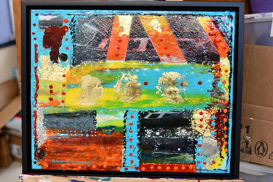 Sparky 2 (2019) by HB Barry Strasbourg-Thompson. 22k gold leaf & skins & laser photocopies & acrylic medium & acrylic on canvas.