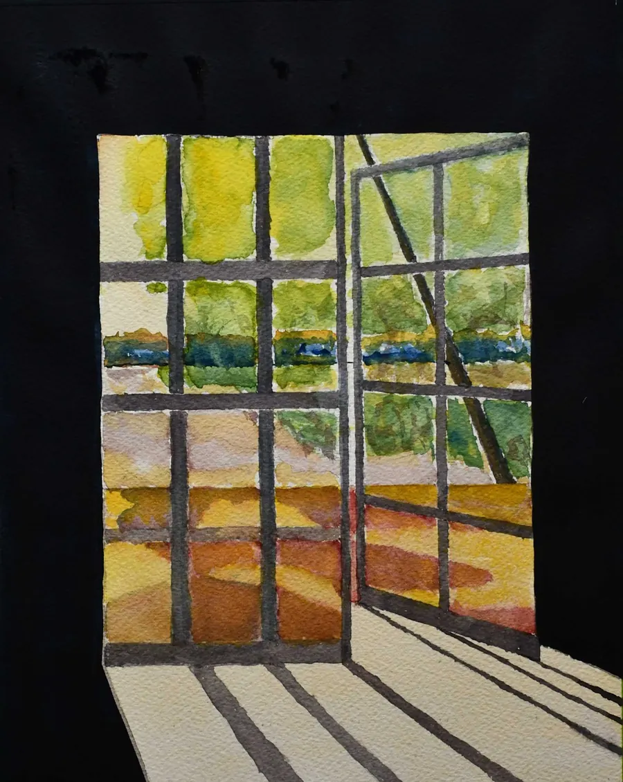 GUNN LAKE MEMORY (Prayer for my children) H7521022022 (SKETCH for w.i.p.) (2022) by HB Barry Strasbourg-Thompson. Winsor & Newton Cotman watercolors, Fineliner, graphite on D'Arches 300lb. rag paper..