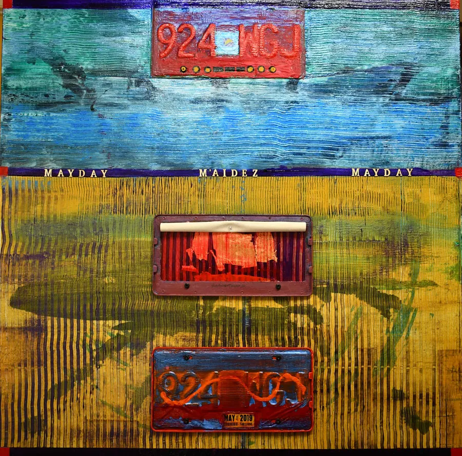MAYDAY FOR MY CHILDREN. H7518012022 (2022) by HB Barry Strasbourg-Thompson. Acrylic, 24k gold leaf, 2 BC provincial license plates, May 2019 BC sticker, 2 license plate holders, 8 metal bolts, 19 wooden letters, powdered pigment, gel & molding paste mediums, 1/4" wooden sub panel, metal screws, pushpin on 36 x 36 x 2" canvas..