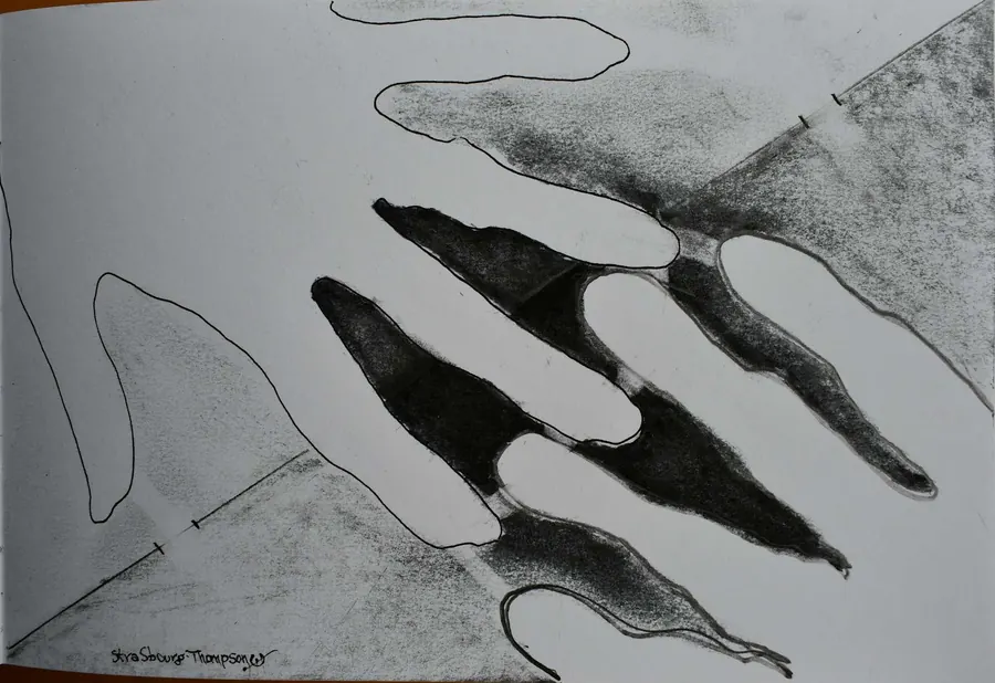 Conscious Contact: A LOVERS TOUCH H7505092022 (c. 2022) by HB Barry Strasbourg-Thompson. W/N Fineliner and Charcoal on H/J 75 lb/150g. 6" x 9" a/f paper.