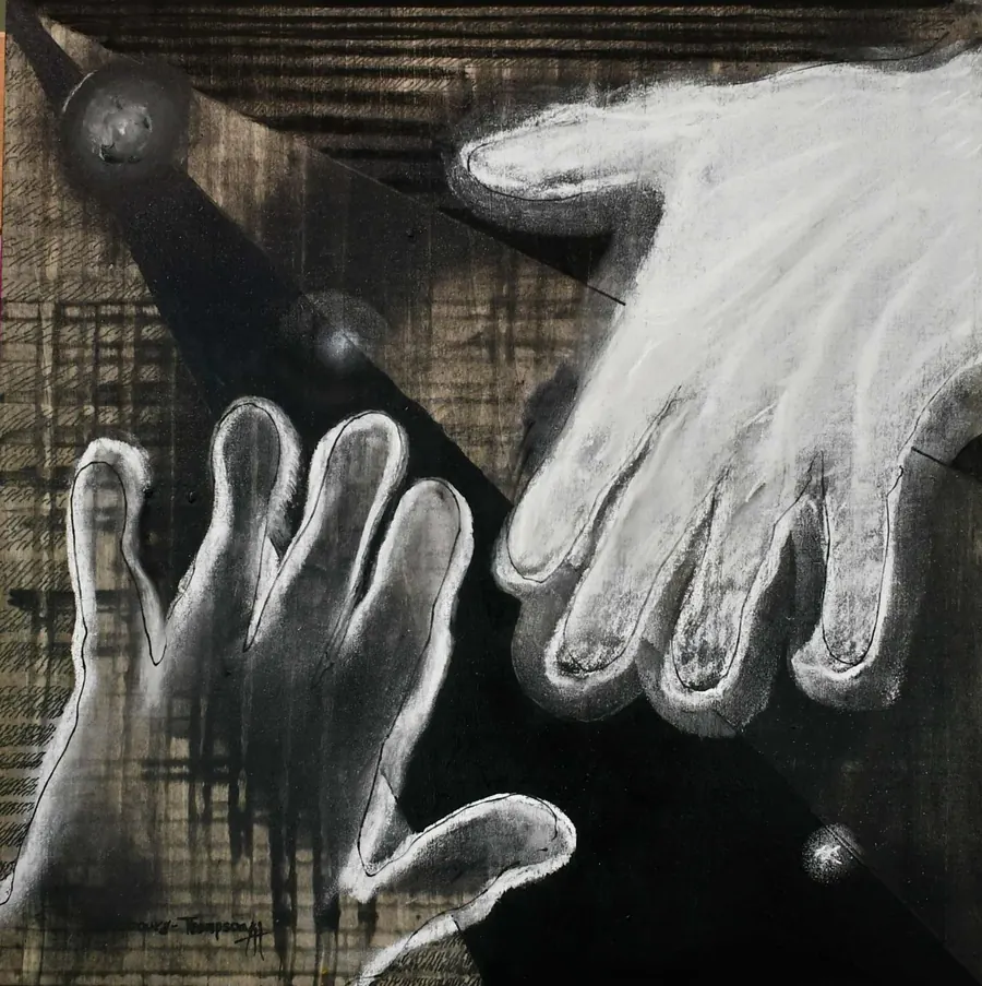 Conscious Contact - Staying in Touch H7505192022 (2022) by HB Barry Strasbourg-Thompson. acrylic, Charcoal water mix, graphite, charcoal, acrylic gel, conte.