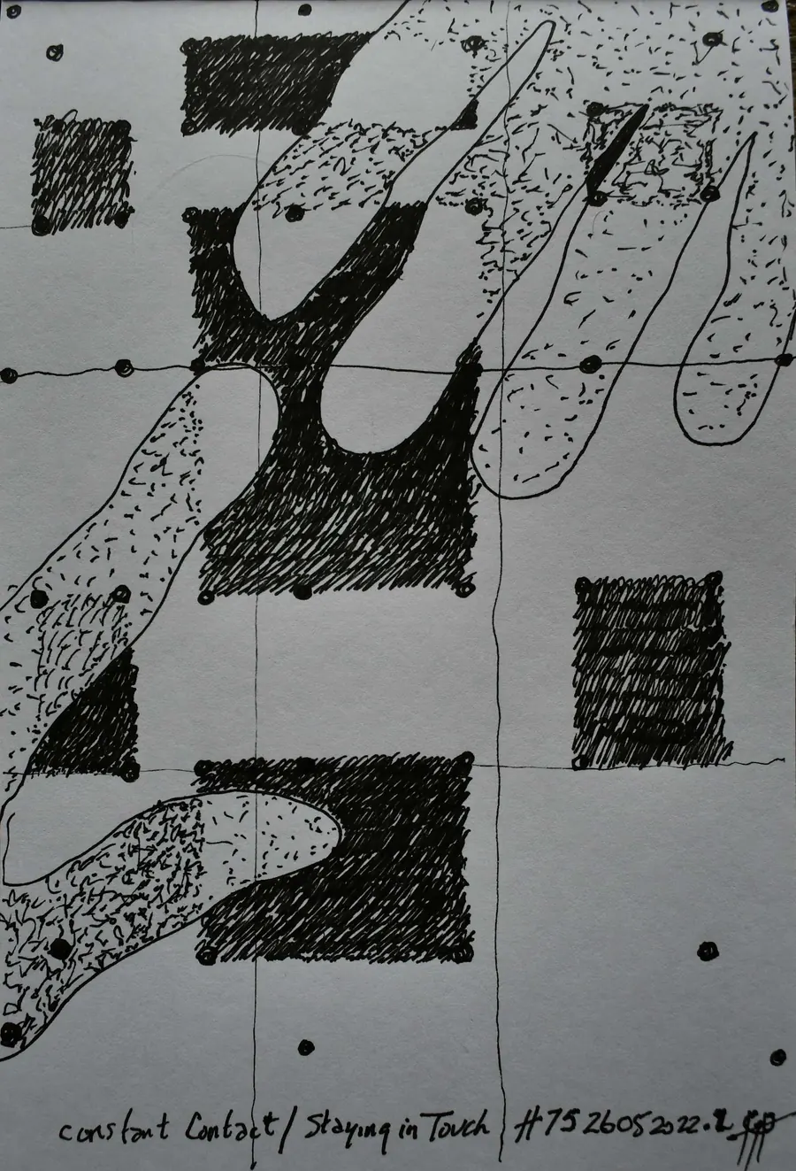Conscious Contact -- Staying in Touch H7505202022 (c. 2022) by HB Barry Strasbourg-Thompson. w/N Fineliner and Charcoal on H/J 75 lb/150g. 6" x 9" a/f paper.