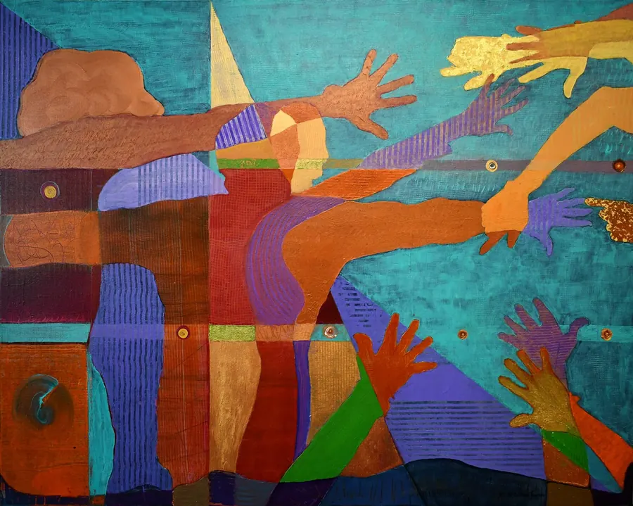 Conscious Contact: Staying in Touch H7516072022 (2022) by HB Barry Strasbourg-Thompson. Acrylic, Fibre & 22k Gold Leaf on Canvas.