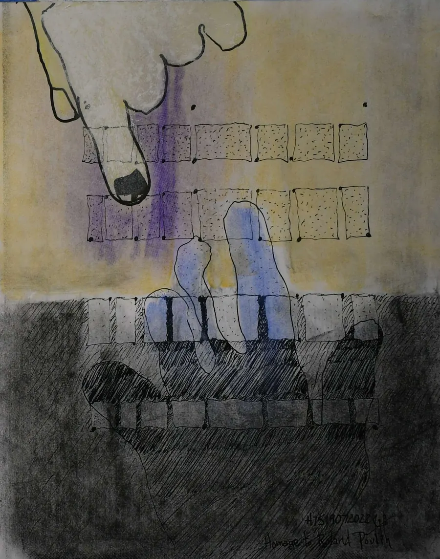 (Homage to Roland Poulin) , Conscious Contact H7525072022 (2022) by HB Barry Strasbourg-Thompson. W/N Fineliner, charcoal, conte, colored charcoal on photocopy 11 x 8.5".