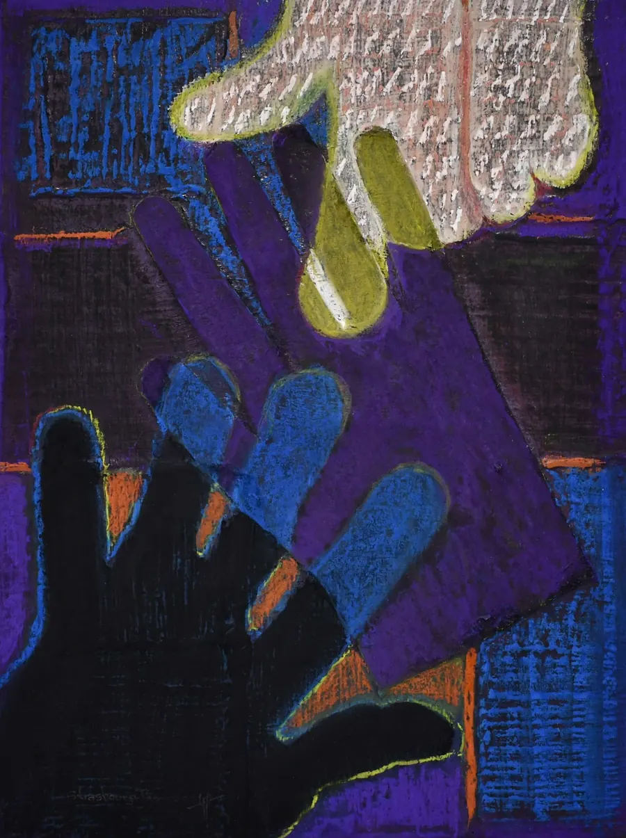 Conscious Contact: Staying in Touch H7527072022 (2022) by HB Barry Strasbourg-Thompson. Acrylic, W/N Fineliner, cardboard packaging cutout, charcoal, conte, colored charcoal, acrylic, varnish, a/f fixative on 12" x 9" x 1/4" birch panel.