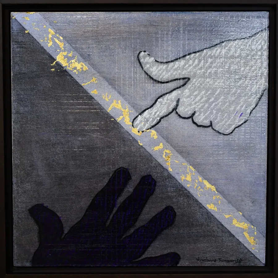 Conscious Contact: Staying in Touch H7525072022.1 (2022) by HB Barry Strasbourg-Thompson. Acrylic, Acrylic Varnish, 24k gold leaf, W/N Fineliner, charcoal, conte, colored charcoal, a/f fixative on 12" x 12" x 1" birch panel.