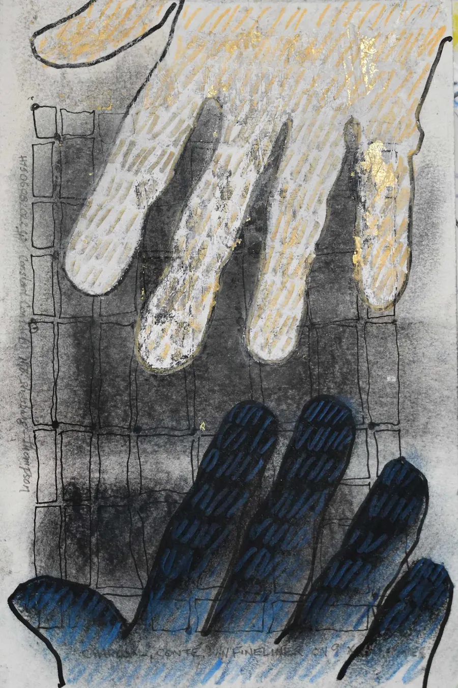 Conscious Contact: Staying in Touch H7506082022 (c. 2022) by HB Barry Strasbourg-Thompson. Acrylic, Charcoal, conte, 22K gold leaf on Canson a/f paper.