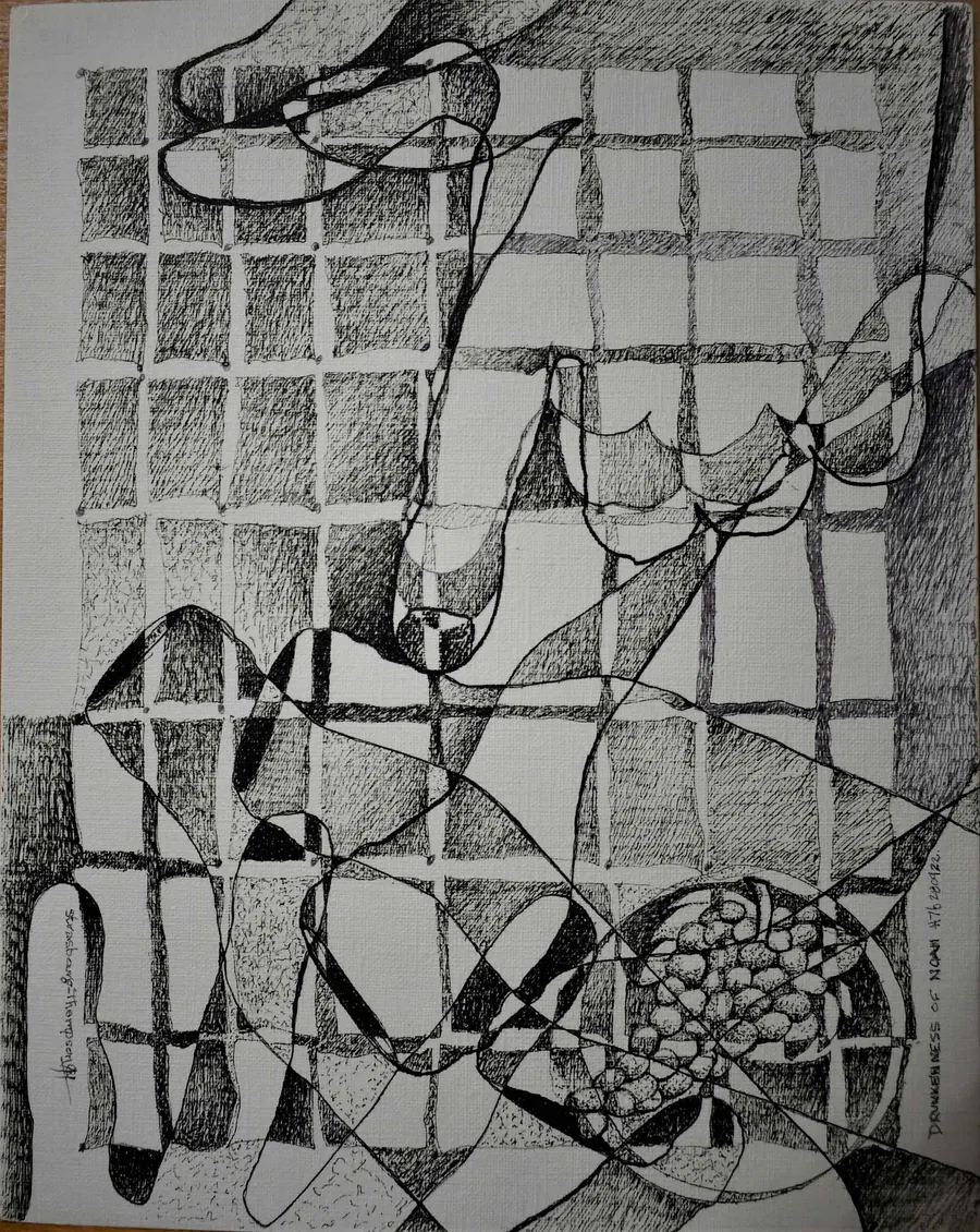 Consciousness Contact- Drunkenness of Noah H762092022 (2022) by HB Barry Strasbourg-Thompson. W/N Fineliner Ink pen & Graphite on Canson Canva Artboard.