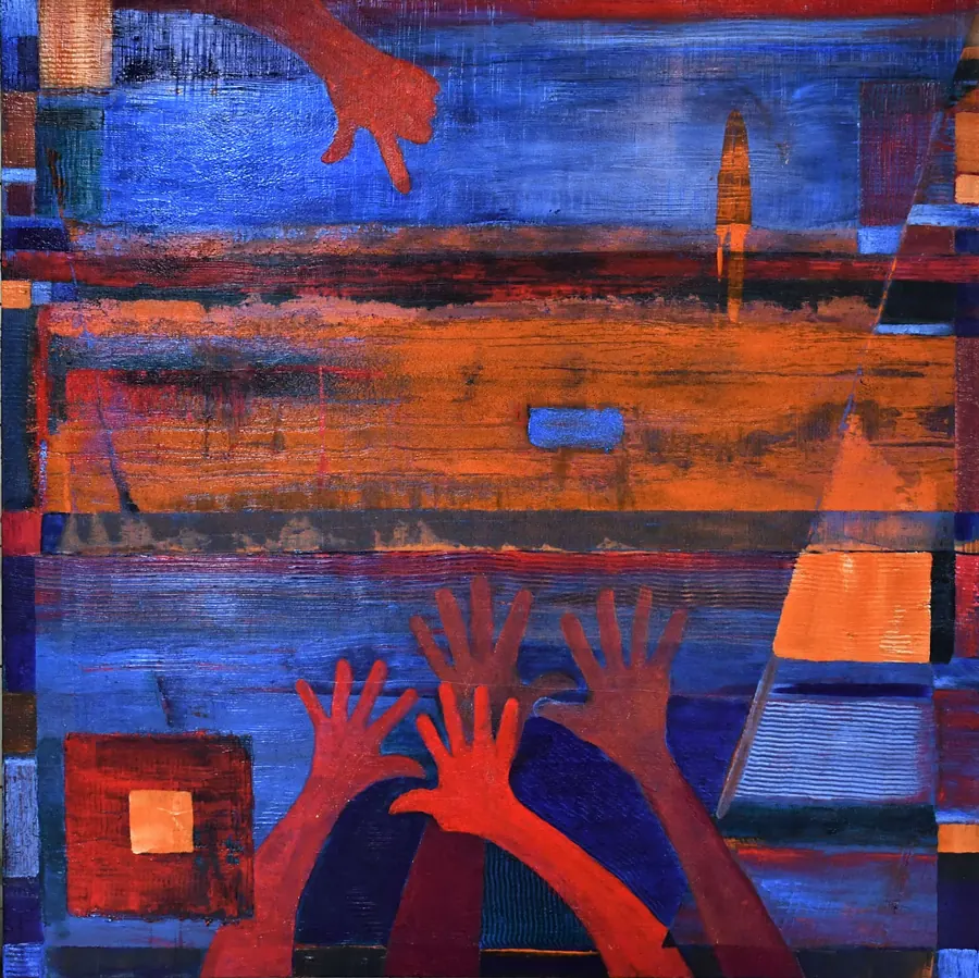 Conscious Contact- Staying in Touch H7605102022 (2022) by HB Barry Strasbourg-Thompson. Acrylic, Acrylic mediums, Graphite, Powdered pigment, 22K gold Leaf on 48 x 48 x 2 Canvas.