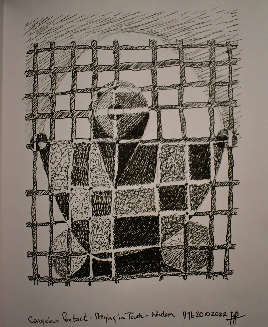 Conscious Contact - Staying in Touch - WISDOM H7620102022 (2022) by HB Barry Strasbourg-Thompson. Acrylic & W/N Fineliner Black pens on Canson Artboard 10" x 8".