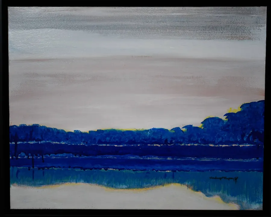 Reflection At Sugarbush Lake. H7605122022 (2022) by HB Barry Strasbourg-Thompson. Acrylic, Graphite, Powdered Pigment, Fineliner Black pen, Interference & Iridescent Acrylic Mediums on stretched gallery canvas.