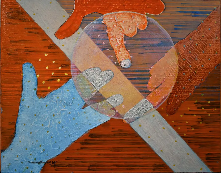 Staying in Touch...Ken/Sandy H7610122022 (2022) by HB Barry Strasbourg-Thompson. Acrylic, W/N Black pen, Interference medium, graphite on wooden panel 11 x 14 x 1".