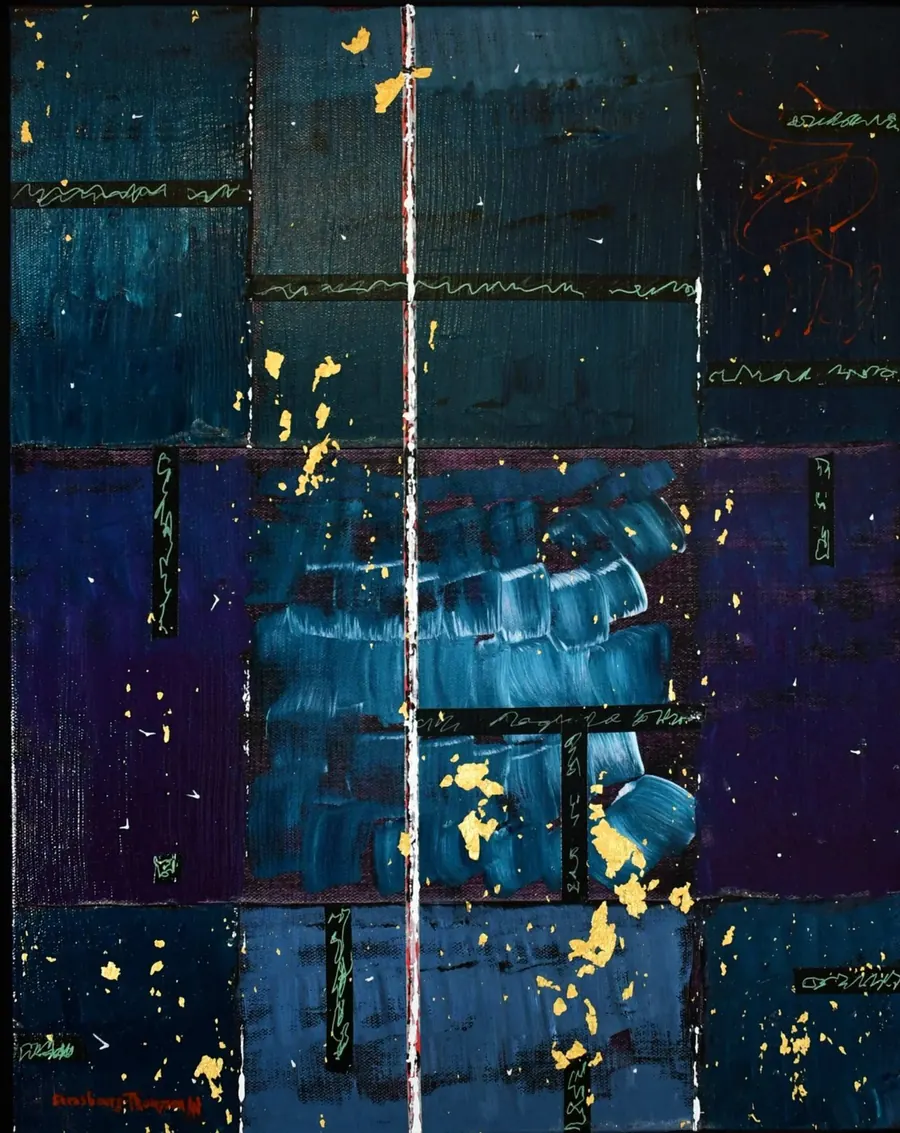 ART PROMOTES WELLNESS..Rupture H74250521 (c. 2021) by HB Barry Strasbourg-Thompson. Acrylic, 24K Gold Leaf, Interference powder, tape, asemic writing, on 20 x 16 x 2 canvas.