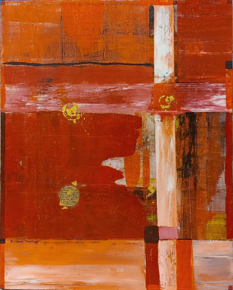 A 75 YEAR W.I.P. H7502112021 (2021) by HB Barry Strasbourg-Thompson. Acrylic, 24K gold leaf, bronze medallion, glass bead gel, ink, on 20 x 16 x 2" canvas.