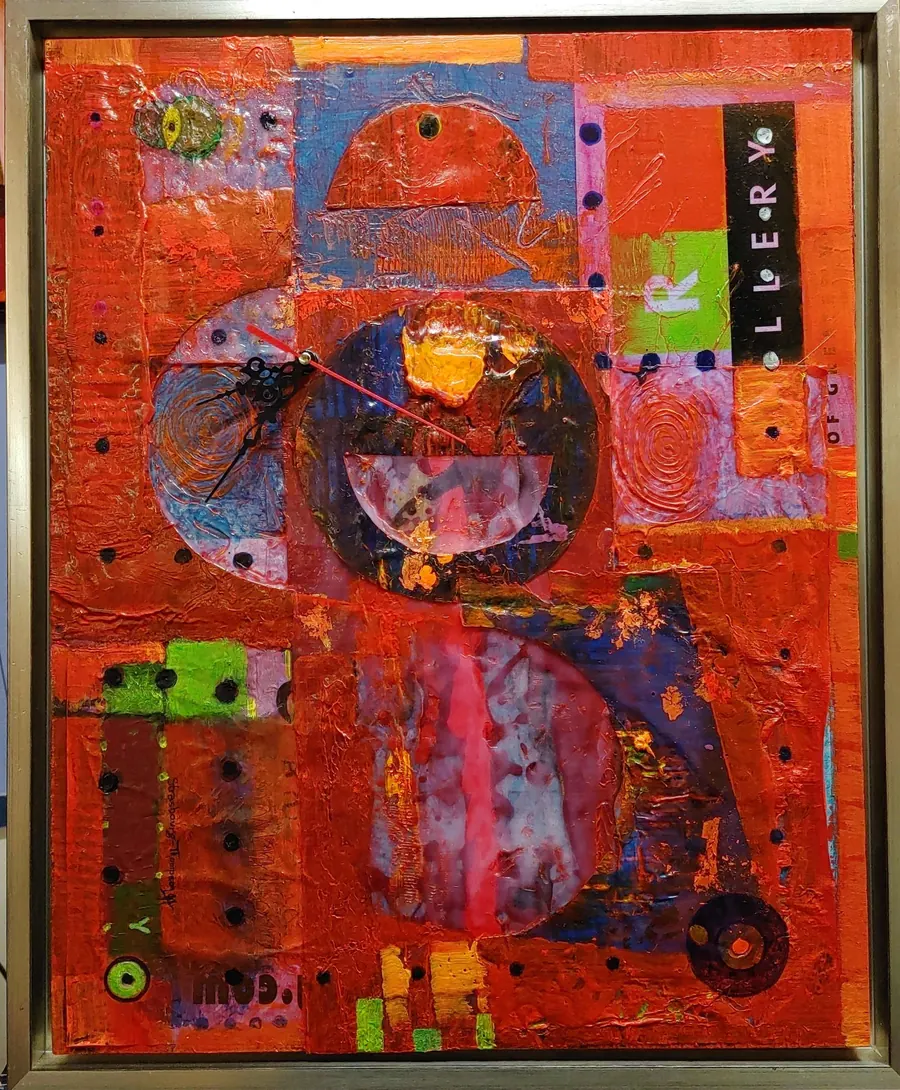 Homage to Painting H7510112021.1 (2021) by HB Barry Strasbourg-Thompson. Acrylic, Acrylic Skins, Clockwork, 1.5v battery, 24K Gold Leaf, Graphite, Opus Art Supply packaging, Vancouver Art Gallery packaging and Victoria Art Gallery packaging on 20 x 16 x 2" canvas framed to 22 x 18 x 3".