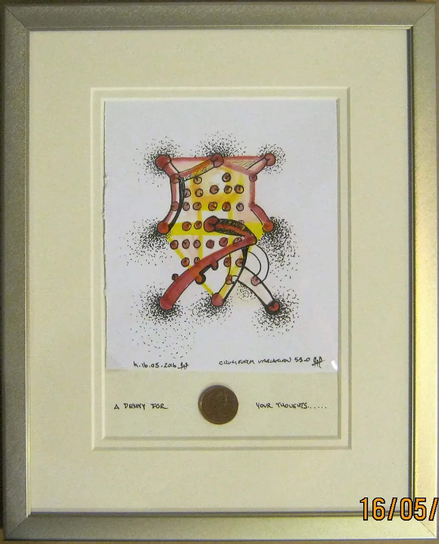 Cruciform Variation # 55 "A Penny for Your Thoughts (2016) by HB Barry Strasbourg-Thompson. Pigma Ink & Archival pigment pen on H/J A/F paper 6" x 5" & one Canadian Penny.