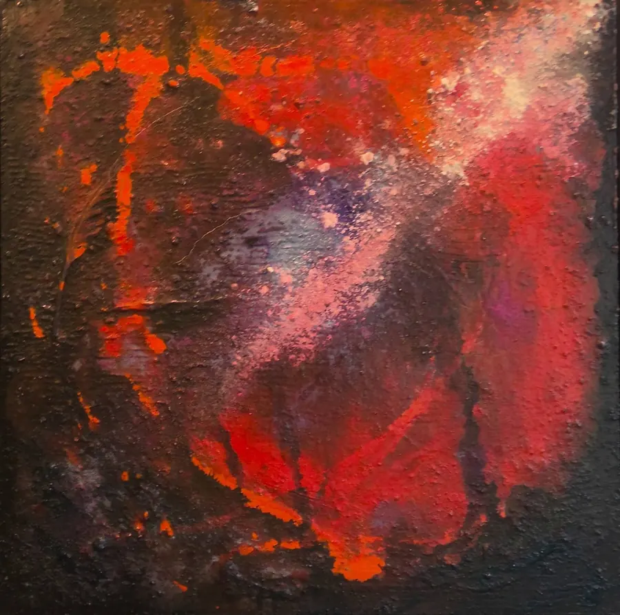 Homeless2Home H7712232023 ( part of the "CIRCLING HOME" series) (2023) by HB Barry Strasbourg-Thompson. Acrylic, Acrylic Glass Bead Medium, Artist Powdered Pigments and acrylic medium, Graphite, Crow Feather on 24" x 24" x 2" wooden panel.