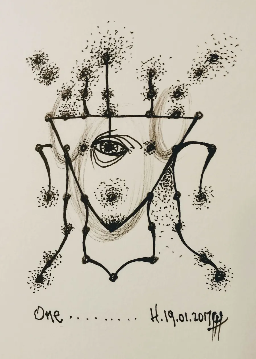 One (2017) by HB Barry Strasbourg-Thompson. Pigma Ink & Archival pigment pen on H/J A/F paper.