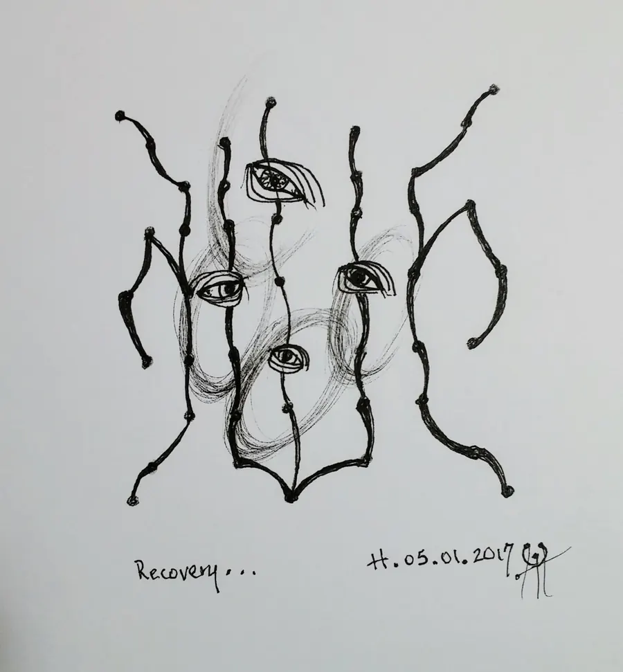 Recovery (2017) by HB Barry Strasbourg-Thompson. Pigma Ink & Archival pigment pen on H/J A/F paper.