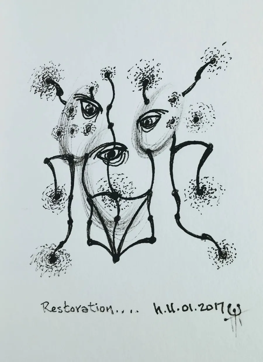 Restoration (2017) by HB Barry Strasbourg-Thompson. Pigma Ink & Archival Acrylic pen on H/J A/F paper.