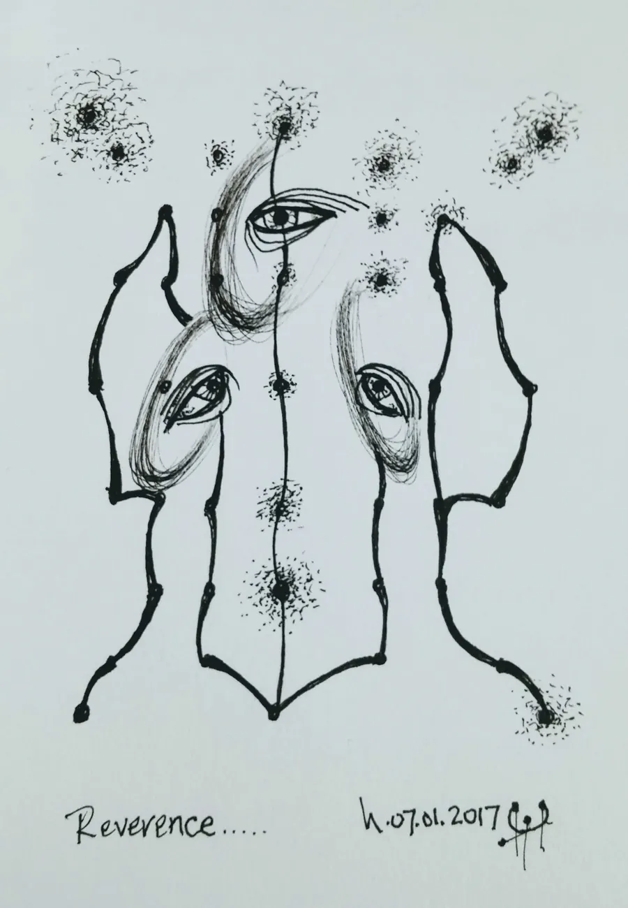 Reverence (2017) by HB Barry Strasbourg-Thompson. Pigma Ink & Archival pigment pen on H/J A/F paper.