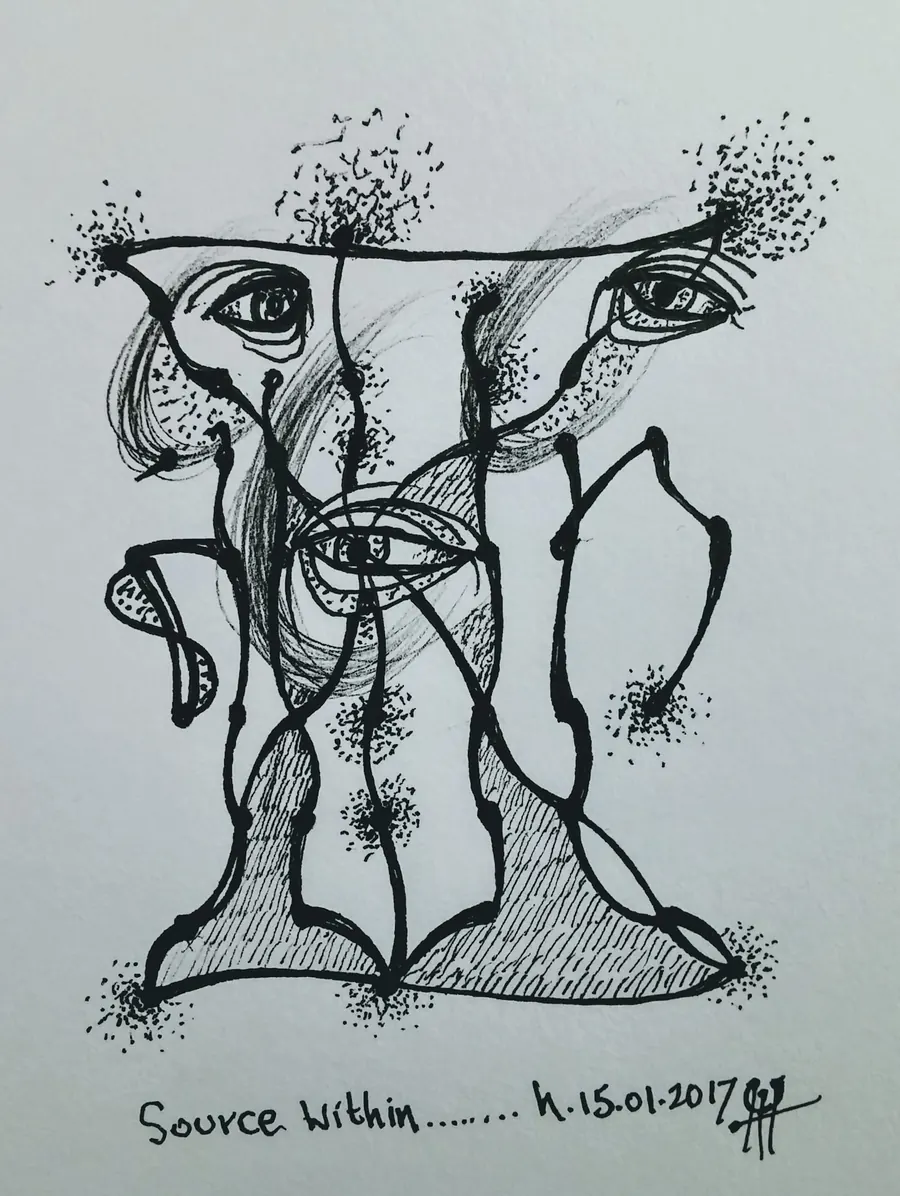 Source Within (2017) by HB Barry Strasbourg-Thompson. Pigma Ink & Archival Acrylic pen on H/J A/F paper.