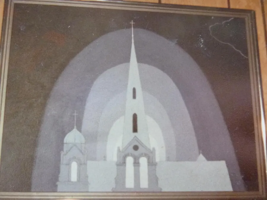 St. Francis Steeple H3324061978 (c. 1980) by HB Barry Strasbourg-Thompson. Acrylic on Canvas.