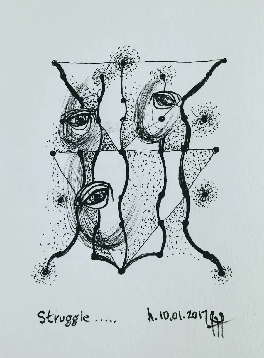 Struggle (2017) by HB Barry Strasbourg-Thompson. Pigma Ink & Archival Acrylic pen on H/J A/F paper.