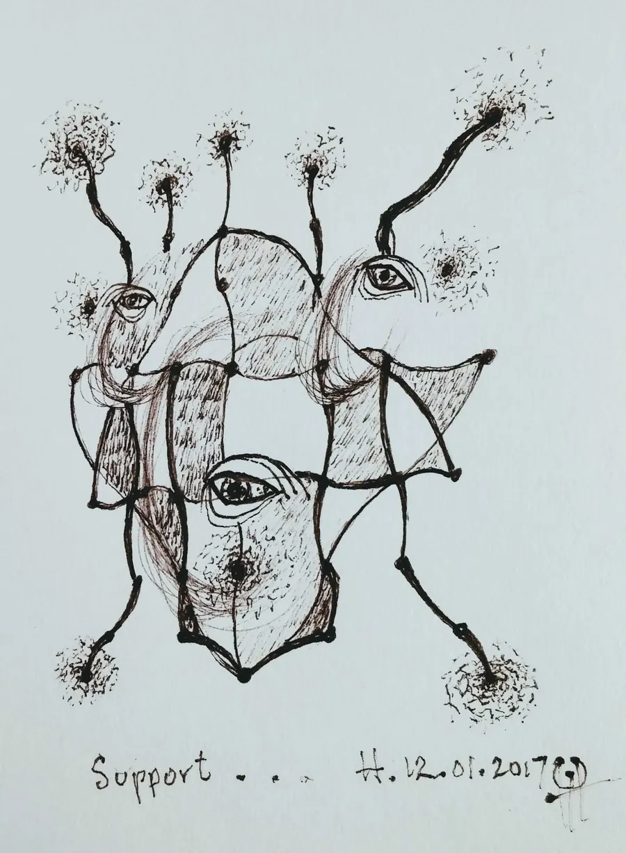 Support (2017) by HB Barry Strasbourg-Thompson. Pigma Ink & Archival Acrylic pen on H/J A/F paper.