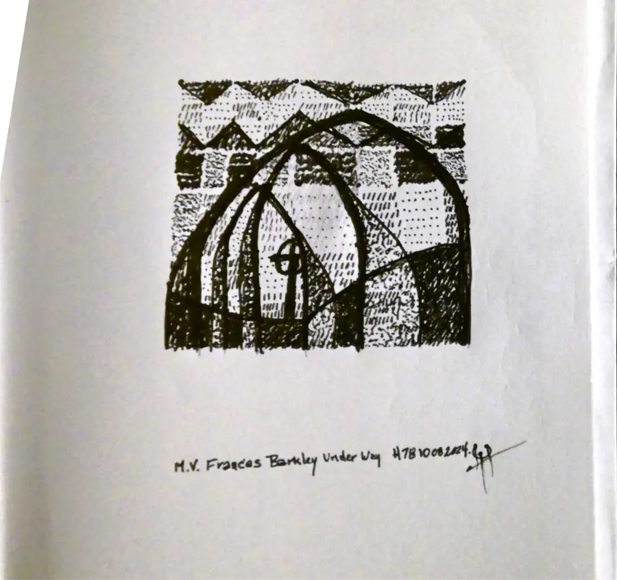 M.V. Frances Barkley Underway H7810082024 (2024) by HB Barry Strasbourg-Thompson. W/N Black Fineliner on 75lb Sketchbook paper 11 x 8.5.